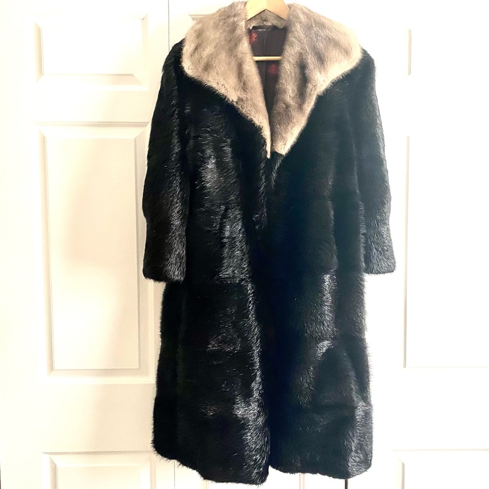Vintage Black Nutria Fur Coat With Grey Mink Collar,Like New, Custom Made,Sz.2/4